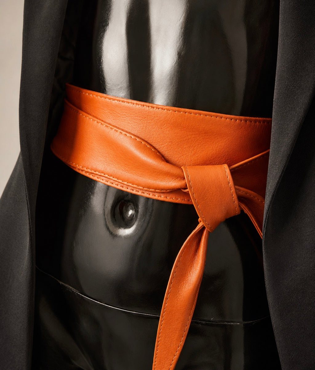 Tan Italian leather obi belt wrapped and tied on a black mannequin under a black coat