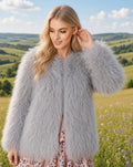 Light grey Mongolian shaggy faux fur coat, front view