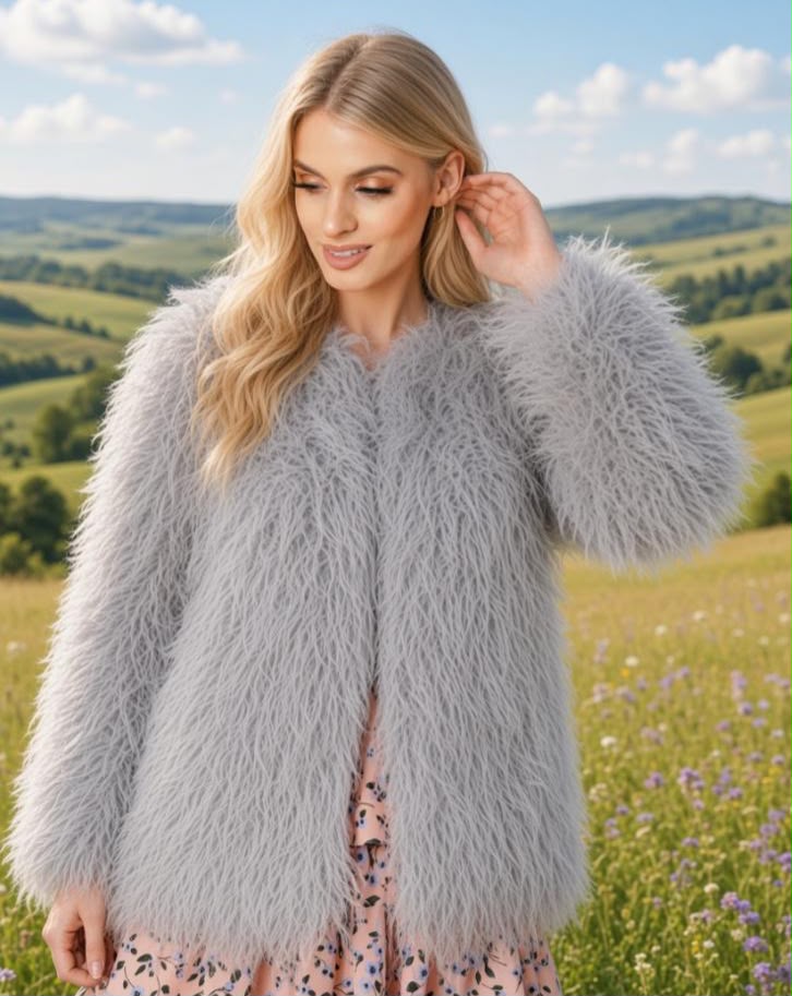 Light grey Mongolian shaggy faux fur coat, front view