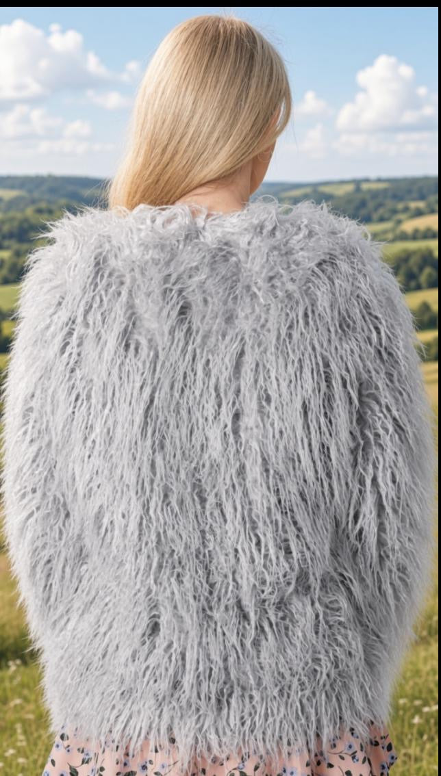 Light grey Mongolian shaggy faux fur coat, back view