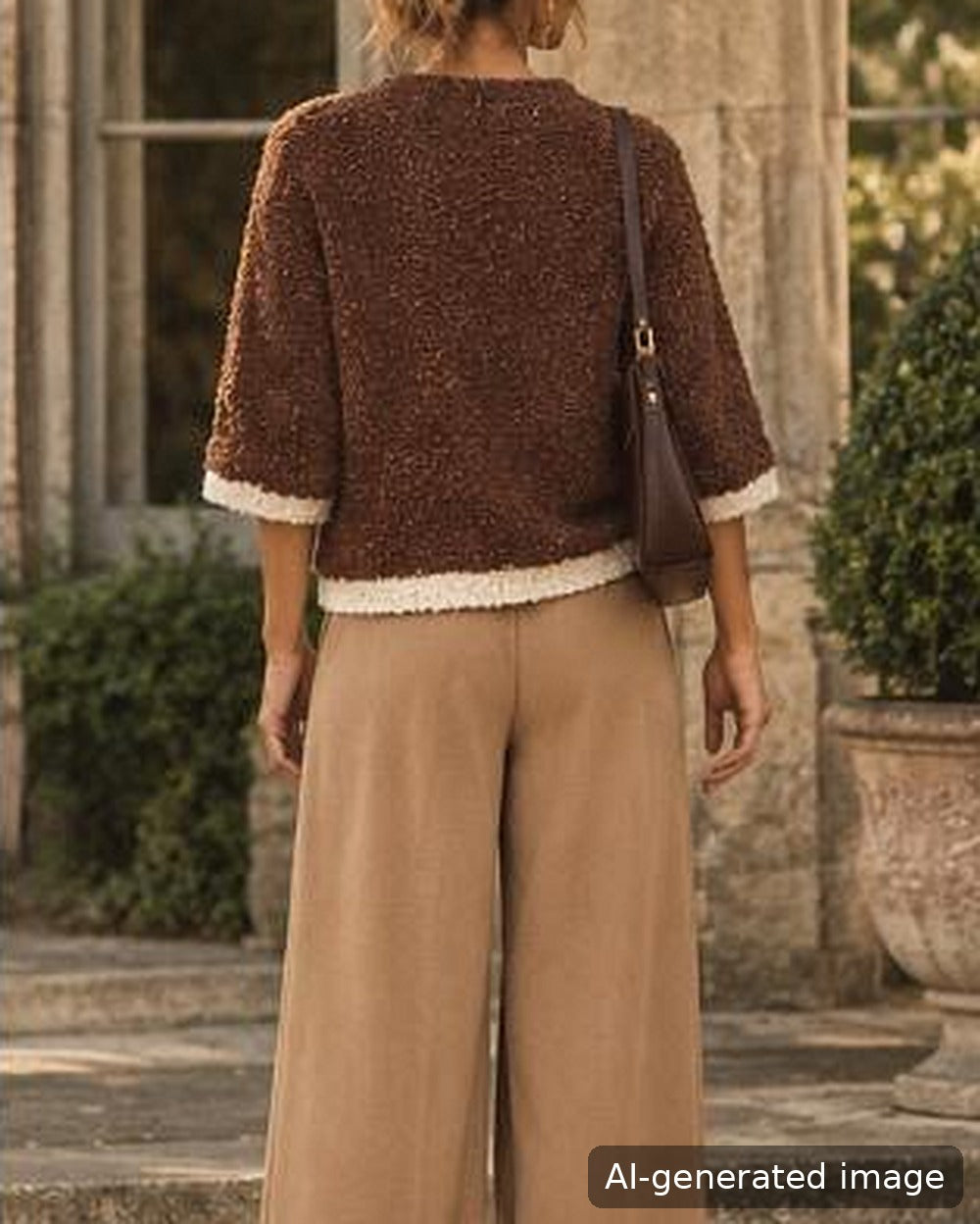 AI-generated image: brown and cream bouclé knit jumper, back view