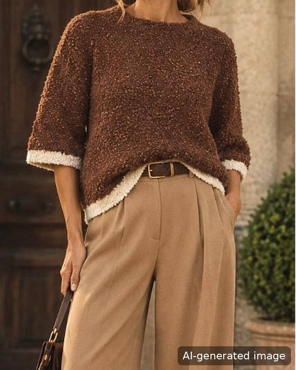 AI-generated image: brown and cream bouclé knit jumper styled with wide-leg trousers, front view