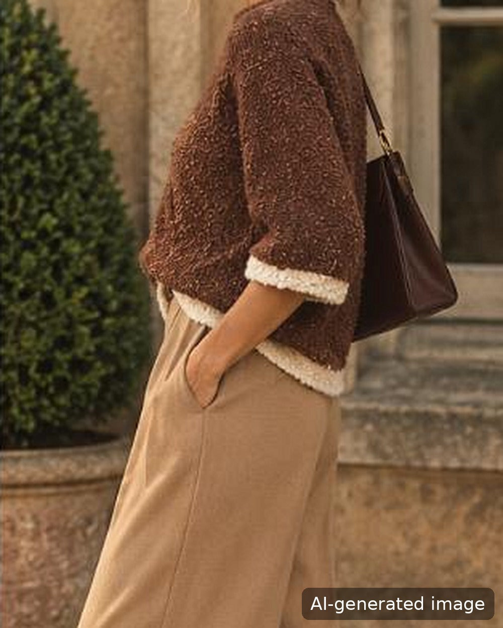 AI-generated image: brown and cream bouclé knit jumper, side view