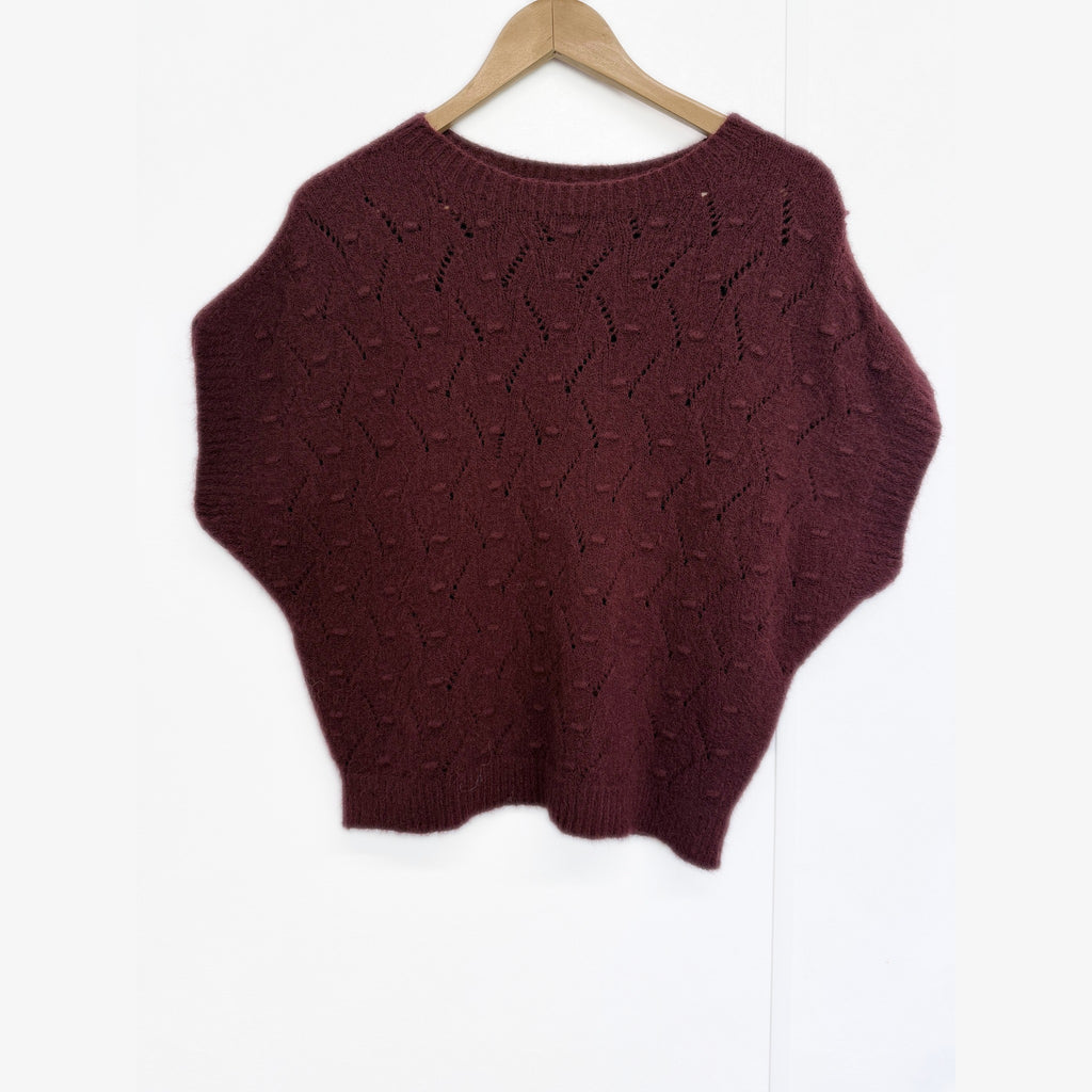 Burgundy soft bobble pointelle knit tank top on hanger, front