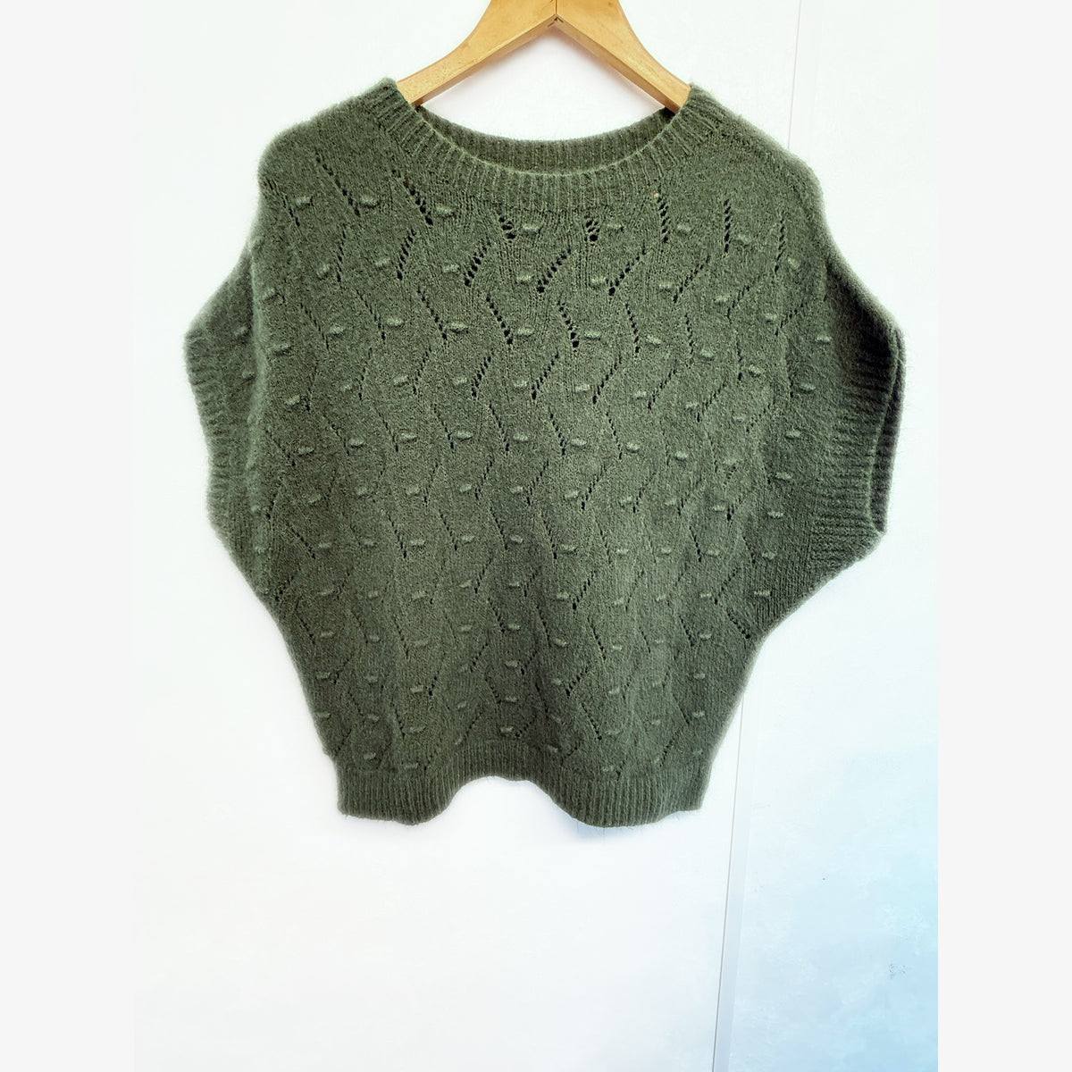 Khaki Forest Green knit tank top on hanger, pointelle detail