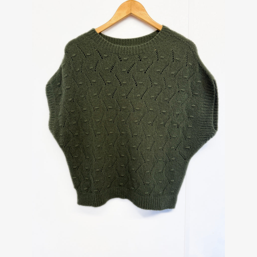 Khaki Forest Green soft bobble pointelle knit tank top on hanger, front