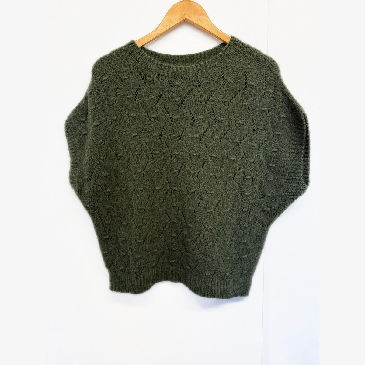 Khaki Forest Green soft bobble pointelle knit tank top on hanger, front