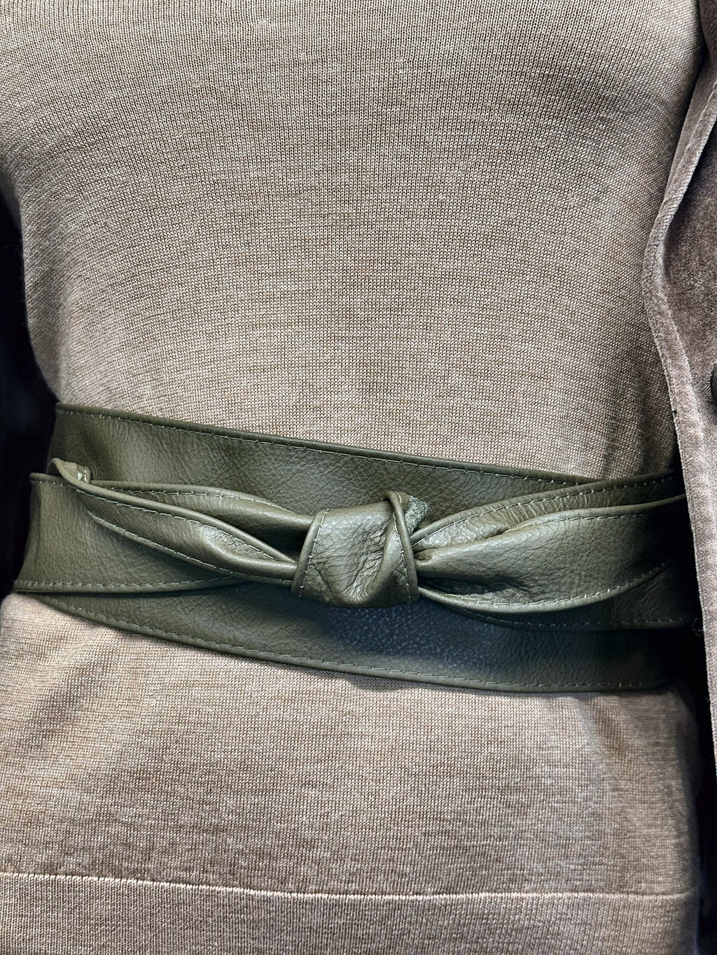 Olive Khaki Green real leather obi waist tie belt over a grey knit, front view