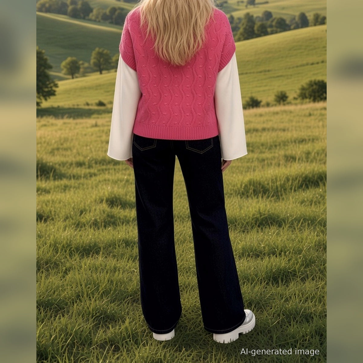 AI-generated image: Hot Pink knit tank top layered over a white shirt, back