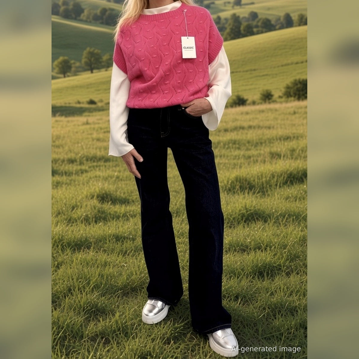 AI-generated image: Hot Pink knit tank top layered over a white shirt with jeans, front