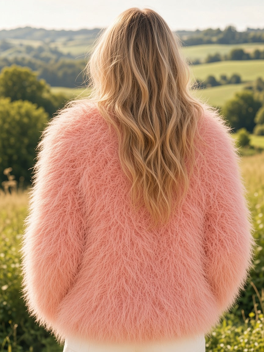 Baby pink Mongolian faux fur jacket, back view